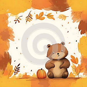 Blank notepad empty space at center  Cartoon cute bear , autumn background, AI generated