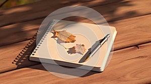 Blank notepad flat lay design with Autumn leaves and coffee cup on wooden table