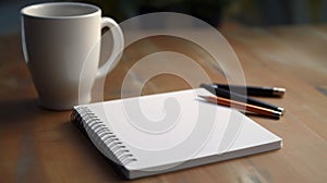 Blank notepad flat lay design with coffee cup on wooden table