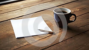 Blank notepad flat lay design with coffee cup on wooden table