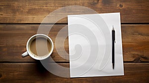 Blank notepad flat lay design with coffee cup on wooden table