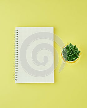 Blank notepad page in bullet journal on bright yellow office desktop. Top view of modern bright table with notebook, minimalism.