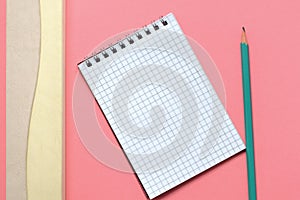 Blank notepad, pencil-box and pencil on pink background