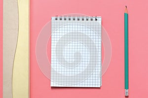 Blank notepad, pencil-box and pencil on pink background