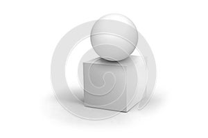 Blank objects composition mockup. White cube and sphere. Isolated objects on a white background. 3D rendering