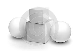 Blank objects composition mockup. White cube and sphere. Isolated objects on a white background. 3D rendering