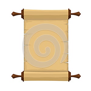 Blank old ancient scroll of papyrus paper cartoon isolated on white background. Blank retro papyrus sheet in flat style