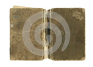 Blank old damage open book cover mockup close up isolated on white. Vintage texture surface background.