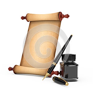 Blank Old Paper Scroll Parchment Mockup and Fountain Pen with Black Ink Bottle. 3d Rendering