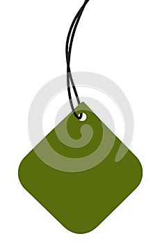 Blank Olive Green Cardboard Sale Tag And Black String, Empty Square Price Label Background, Vertical Isolated Detailed Hanging