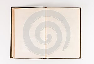 Blank open book isolated, top front view. brown hardcover