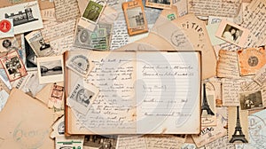 A blank, open book rests in the center of a flat surface covered in scattered papers