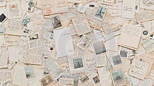 A blank, open book rests in the center of a flat surface covered in scattered papers