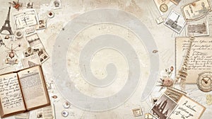 A blank, open book rests in the center of a flat surface covered in scattered papers