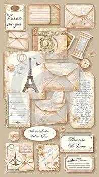 A blank, open book rests in the center of a flat surface covered in scattered papers