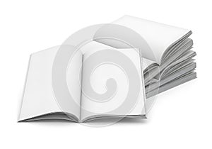 Blank open book and stack of white paper sheets on a white background