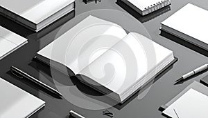 Blank Open Book and Stationery on Reflective Surface