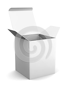 Blank open cardboard box template standing on white background.