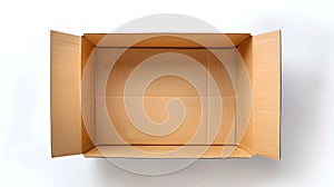 Blank open cardboard box on white background. Simple packaging concept. Empty box suitable for storage or moving. High