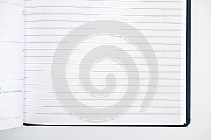 Blank open diary with page lines pages, close up view as concept for designers for education, business and other thematic