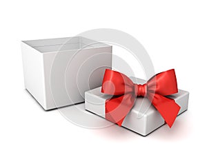 Blank open gift box or present box with red ribbon and bow isolated on white background