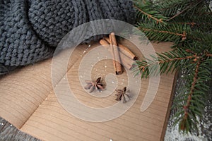 Blank open notebook, Christmas tree, snow, gingerbread,