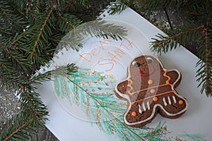 Blank open notebook, Christmas tree, snow, gingerbread,