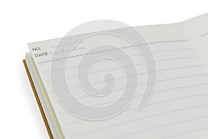 blank open notebook with lined paper on white background