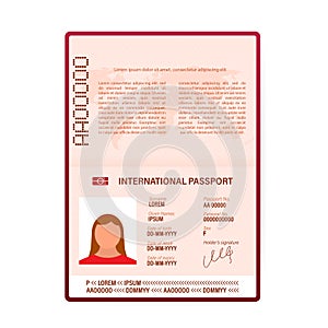 Blank open passport template. International passport with sample personal data page. Vector stock illustration