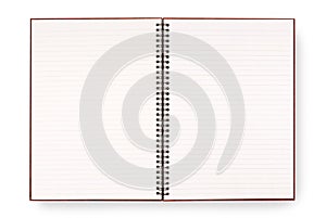 Blank open spiral writing book or notepad, lined paper, isolated on white background