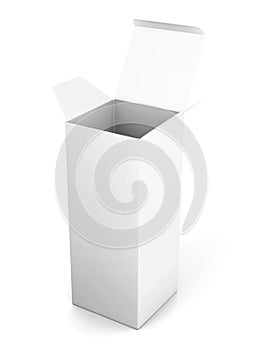 Blank open vertical cardboard box template standing on white background. Mock up for your design. 3d rendering