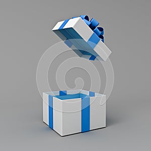 Blank open white gift box with blue bottom inside or opened blue present box with blue ribbon and bow on gray background