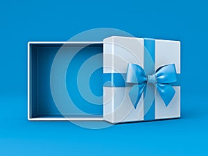 Blank open white gift box with blue bottom inside or opened present box with blue ribbon and bow on blue color background