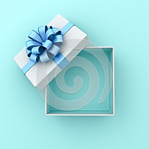 Blank open white gift box with cyan blue bottom inside or top view of opened present box with blue ribbon and bow