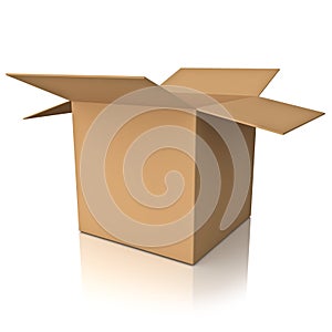 Blank opened cardboard box over white background