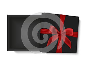 Blank opened gift box with red ribbon and a bow, isolated on white background, vector illustration.