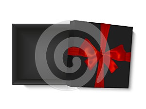 Blank opened gift box with red ribbon and a bow, isolated on white background, vector illustration.