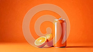 Blank orange aluminum soda can mockup on orange background. Tin package of beer or drink. Can of soda surrounded by oranges