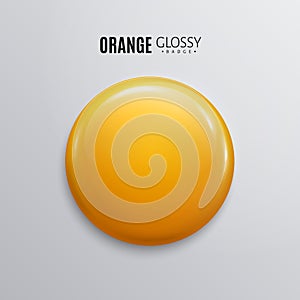 Blank orange glossy badge or button. 3d render. Round plastic pin, emblem, volunteer label. Vector.