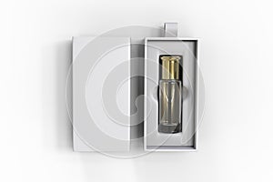 Blank oud bottle with hard paper box for branding. 3d render illustration.