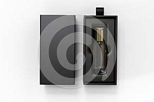 Blank oud bottle with hard paper box for branding. 3d render illustration.