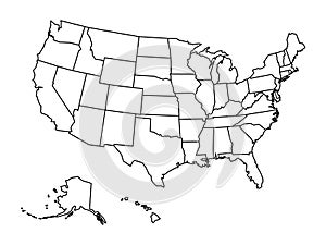 Blank outline map of United States of America. Simplified vector map made of thick black outline on white background