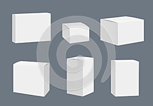 Blank packages mockup. Quadrate white closed boxes containers vector realistic template isolated