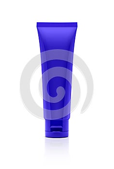 Blank packaging blue cosmetic plastic tube on white photo