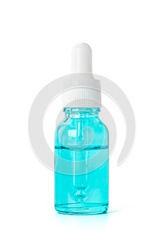 Blank packaging blue glass dropper serum bottle isolated on white background