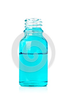 Blank packaging blue glass dropper serum uncovered bottle isolated on white background