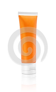 Blank packaging cosmetic sunscreen tube isolated on white photo
