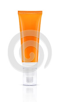 Blank packaging cosmetic sunscreen tube on white background