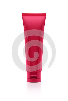 Blank packaging red cosmetic plastic tube on white