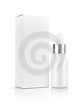 Blank packaging white glass dropper serum bottle with box isolated on white background photo